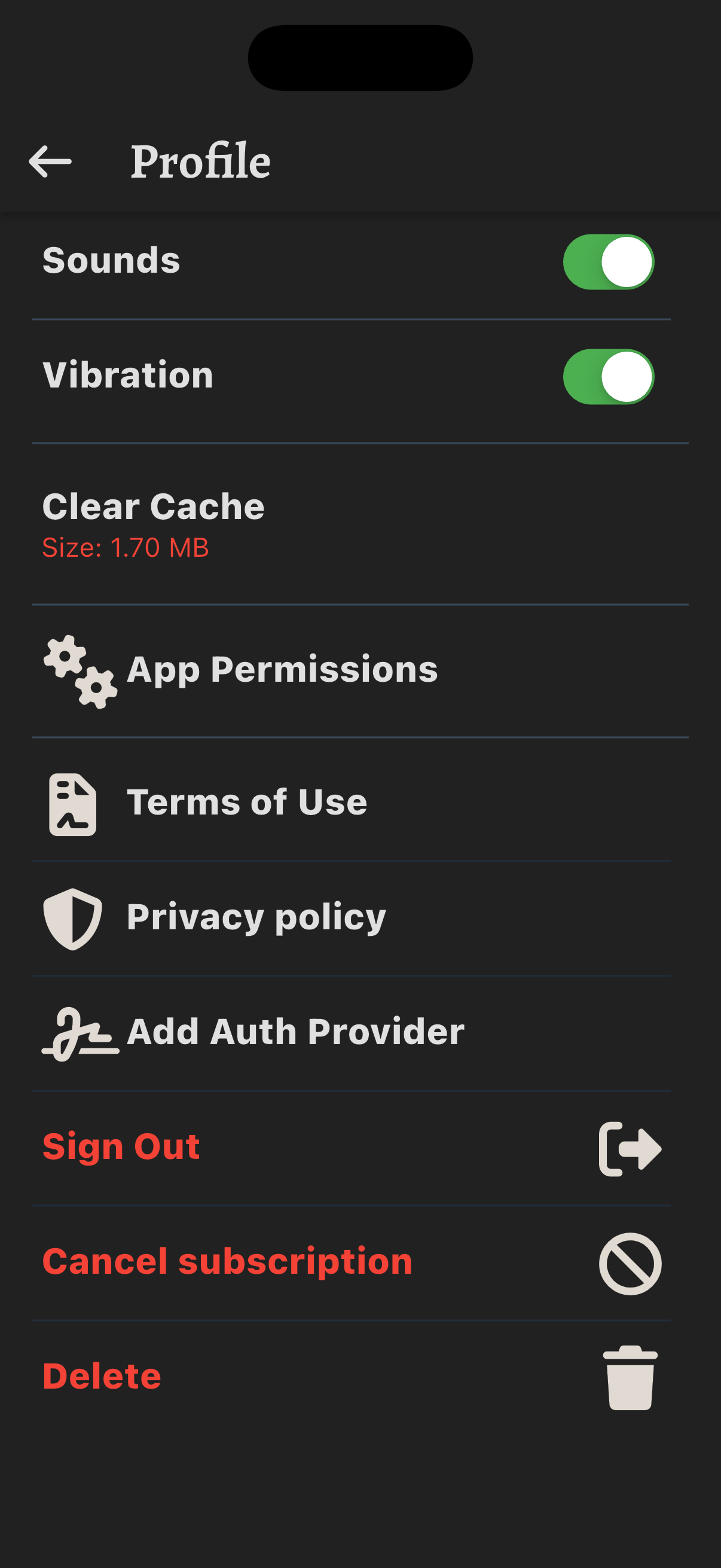 Metkagram Settings → Account screen with the Delete account button highlighted.