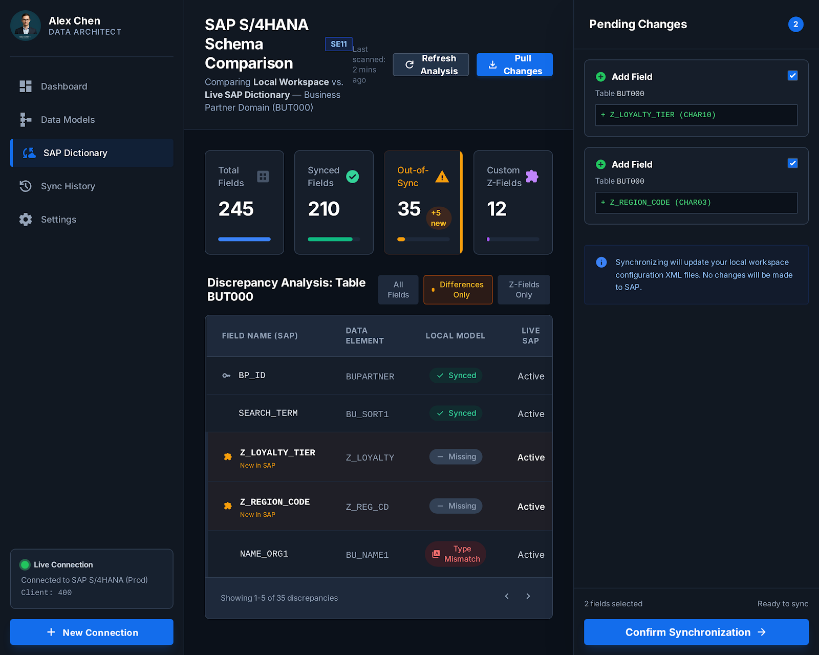 Live SAP dictionary sync and diff screen in Konturo