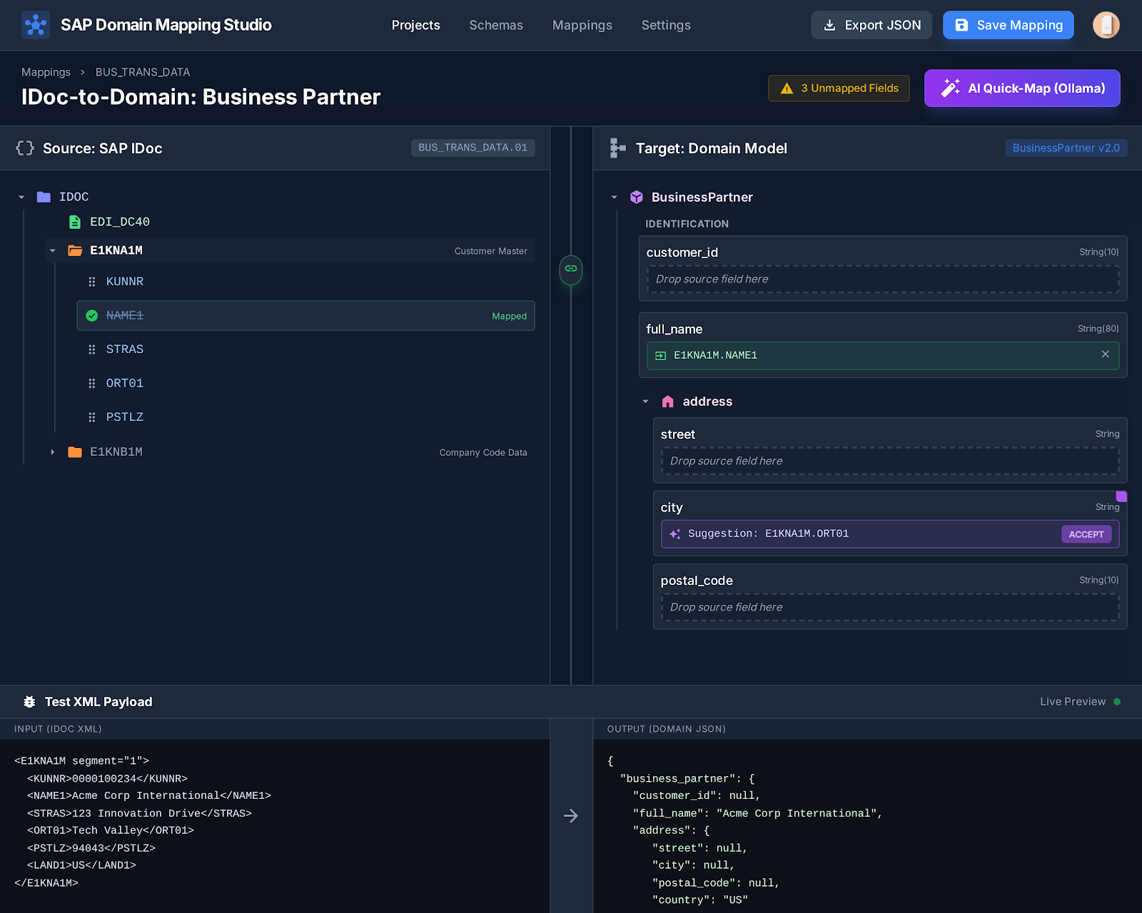 SAP IDoc to domain mapping studio in Konturo